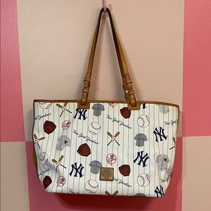 Dooney & Bourke White Canvas New York Yankees Print Tote with Tan Trim